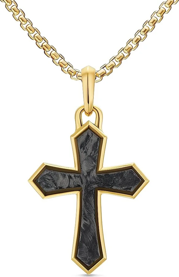 Men's Cross Amulet in 18K Yellow Gold with Forged Carbon, 28MM - Forged Carbon
