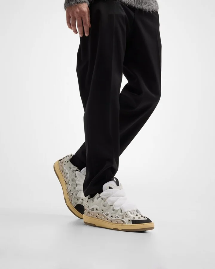 Men's Curb Mesh and Leather Low-Top Sneakers - Image 3