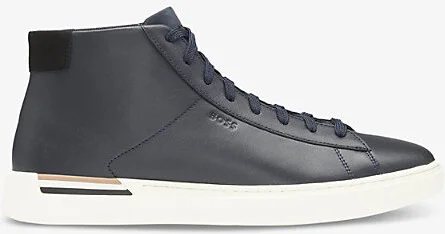 Mens Dark Blue Debossed-Branding Leather High-Top Trainers Eur 40 / 6 Uk Men