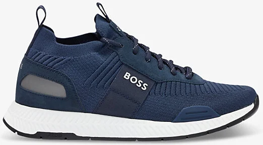 Mens Dark Blue Logo-Embossed Mesh and Suede Low-Top Trainers Eur 45 / 11 Uk Men