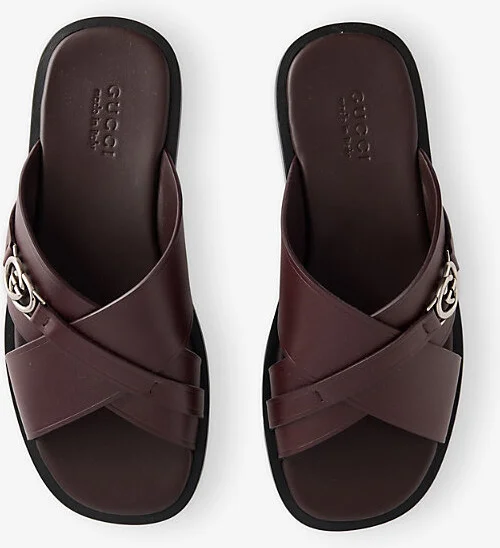 Mens Dark Brodeaux Interlocking G Leather Sliders Eur 41 / 7 Uk Men - Image 2
