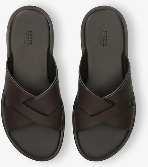 Mens Dark Brown Crossover-Strap Leather Flat Sandals Eur 42 / 8 Uk Men - Image 2