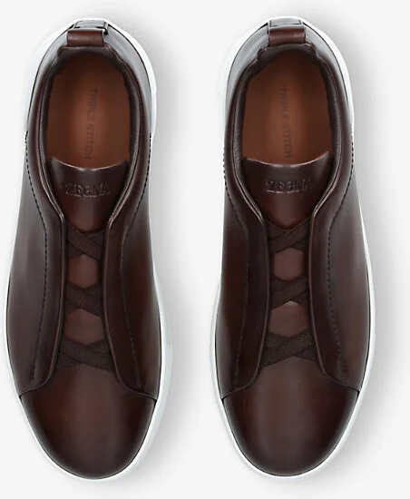 Mens Dark Brown Triple Stitch Panelled Leather Low-Top Trainers Eur 46 / 12 Uk Men - Image 2