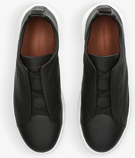 Mens Dark Brown Triple Stitch Secondskin Brand-Embroidered Low-Top Leather Trainers Eur 45 / 11 Uk Men - Image 2