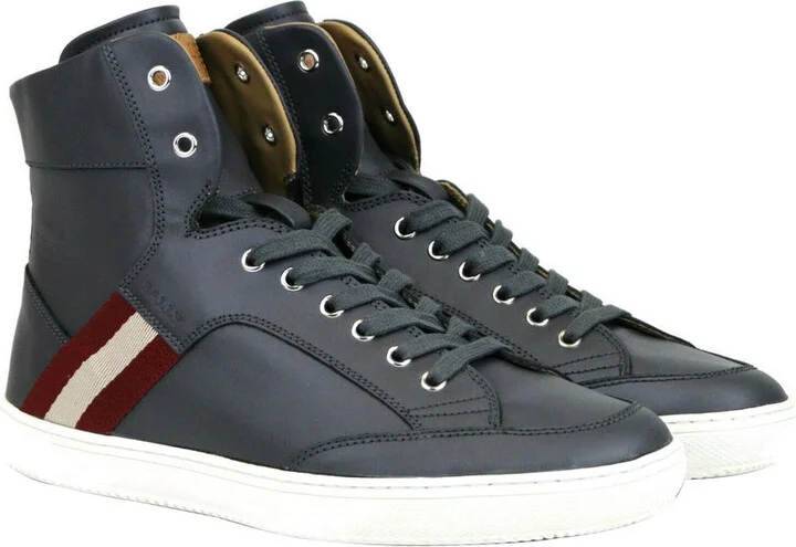 Men's Dark Grey Calf Leather Hi-top Sneaker With Red Beige - Image 4