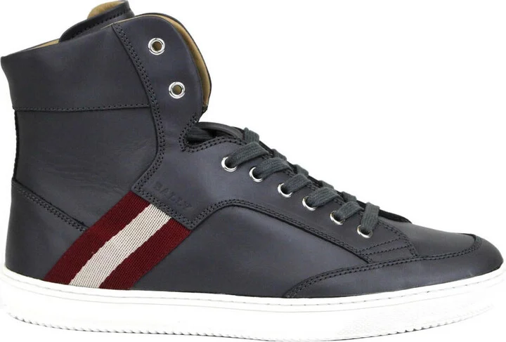 Men's Dark Grey Calf Leather Hi-top Sneaker With Red Beige - Image 6