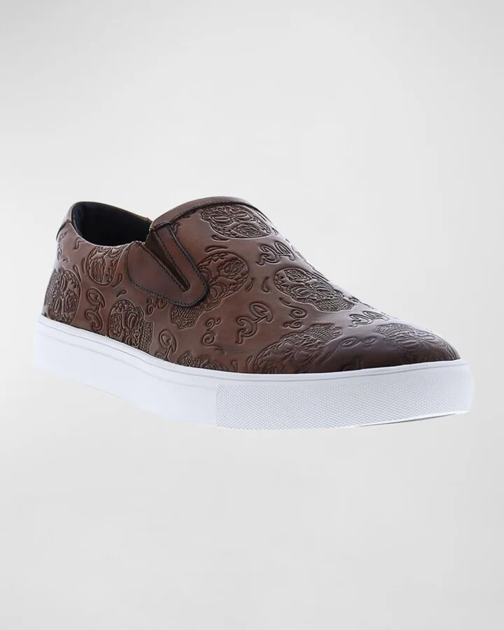Men's Debossed Skull Leather Slip-On Sneakers - Image 2