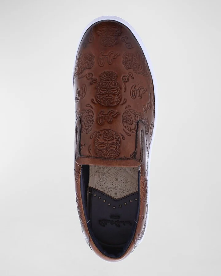 Men's Debossed Skull Leather Slip-On Sneakers - Image 3