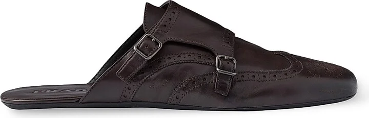 Men's Double Monk Strap Leather Mules - Brown - Size 7