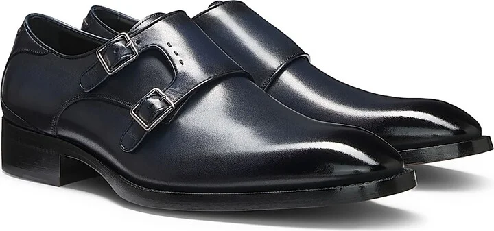 Men's Double-Strap Monk Shoes in Burnished Leather - Blue - Size 11 - Image 2