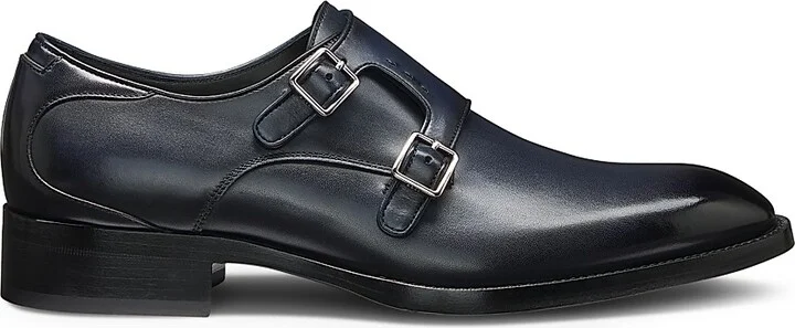 Men's Double-Strap Monk Shoes in Burnished Leather - Blue - Size 11