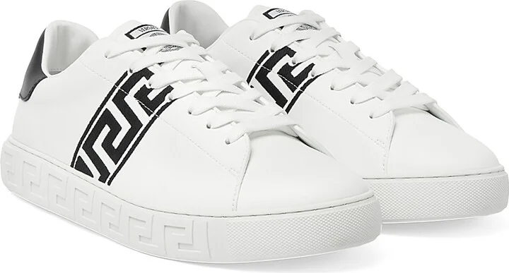 Men's Embroidered La Greca Leather Sneakers - White Black - Size 7 - Image 2