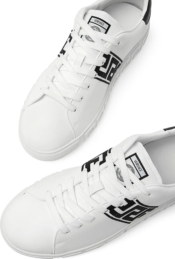 Men's Embroidered La Greca Leather Sneakers - White Black - Size 7 - Image 3