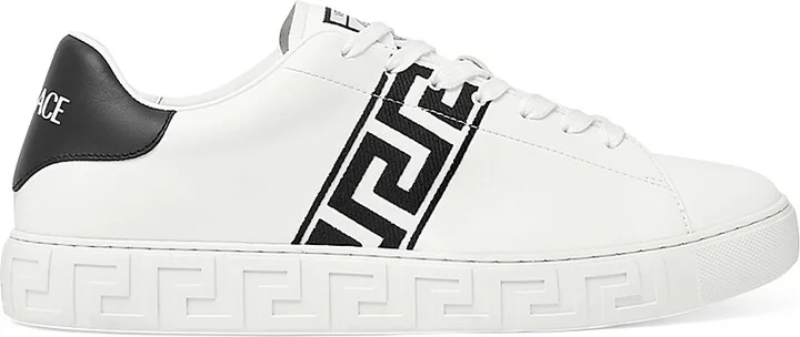Men's Embroidered La Greca Leather Sneakers - White Black - Size 7