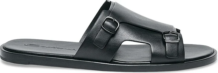 Men's Erik Buckle-Accented Leather Sandals - Black - Size 7