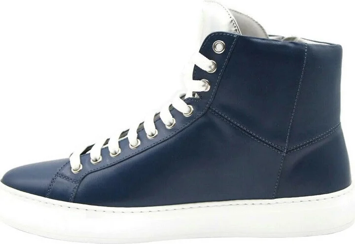 Men's Estate Blue Leather Hi Top With Silver Trim Sneakers - Image 3
