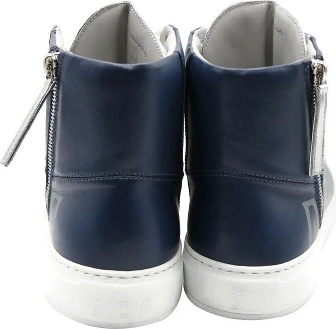 Men's Estate Blue Leather Hi Top With Silver Trim Sneakers - Image 5