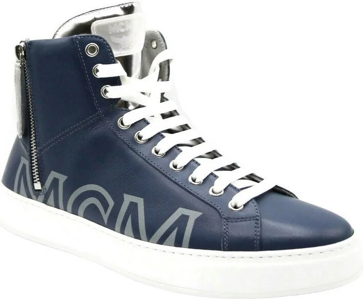 Men's Estate Blue Leather Hi Top With Silver Trim Sneakers