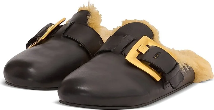 Men's Faux Fur-Trimmed Leather Mules - Black - Size 11 - Image 3