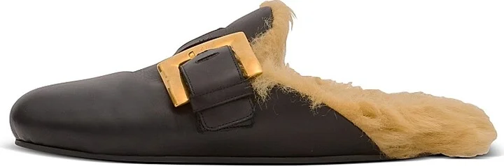 Men's Faux Fur-Trimmed Leather Mules - Black - Size 11 - Image 4