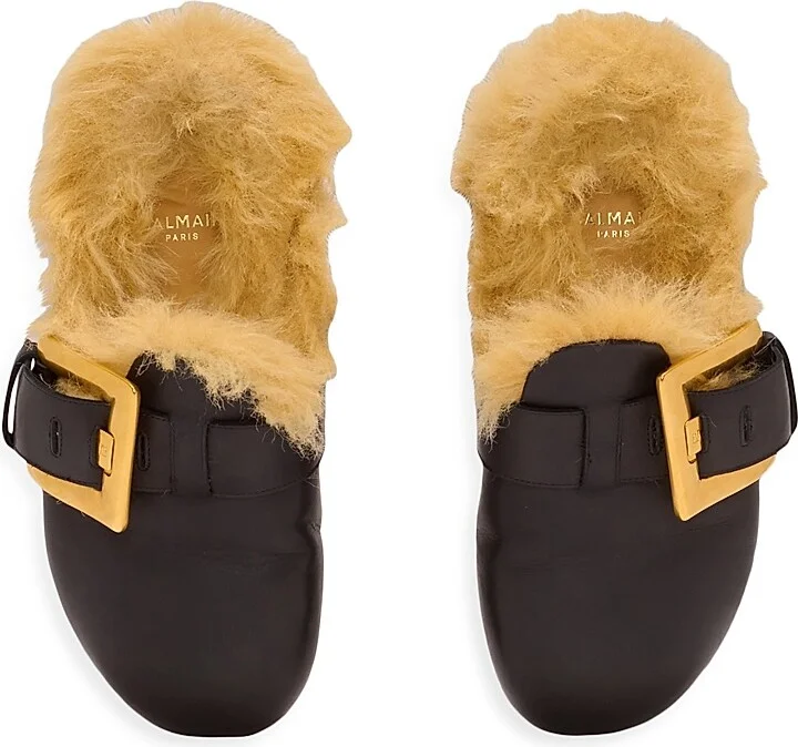Men's Faux Fur-Trimmed Leather Mules - Black - Size 11 - Image 6