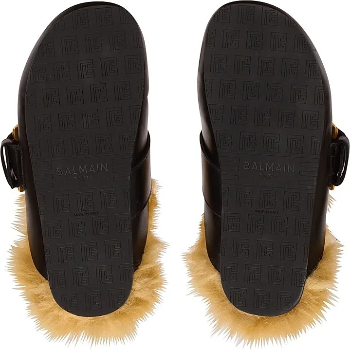Men's Faux Fur-Trimmed Leather Mules - Black - Size 11 - Image 7