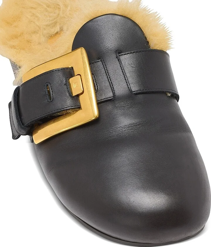 Men's Faux Fur-Trimmed Leather Mules - Black - Size 11 - Image 8