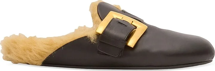 Men's Faux Fur-Trimmed Leather Mules - Black - Size 11