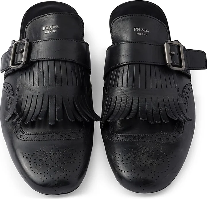 Men's Fringed Monk Strap Leather Mules - Black - Size 7 - Image 2