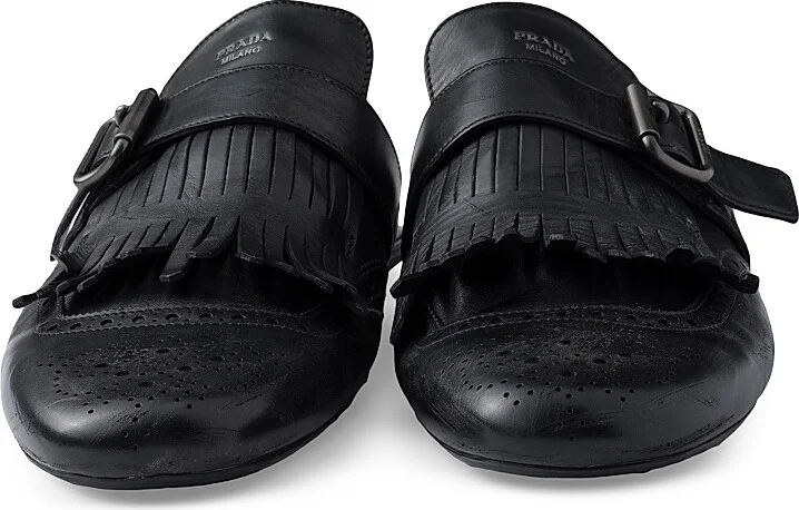 Men's Fringed Monk Strap Leather Mules - Black - Size 7 - Image 4