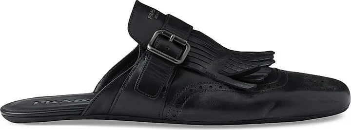 Men's Fringed Monk Strap Leather Mules - Black - Size 7