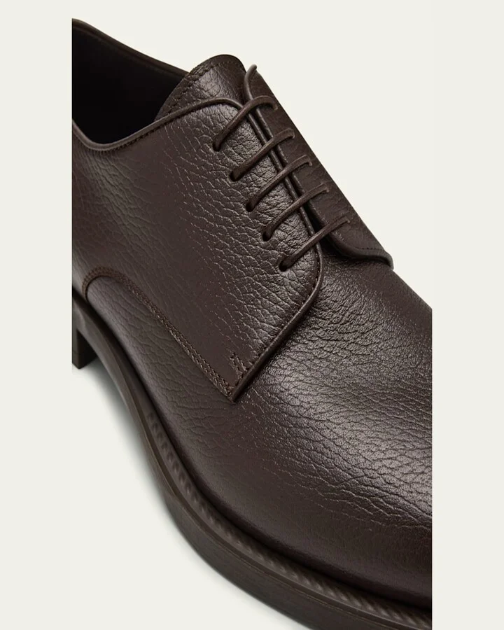 Mens Grained Calf Leather Rubber-Sole Derby Shoes - Image 2