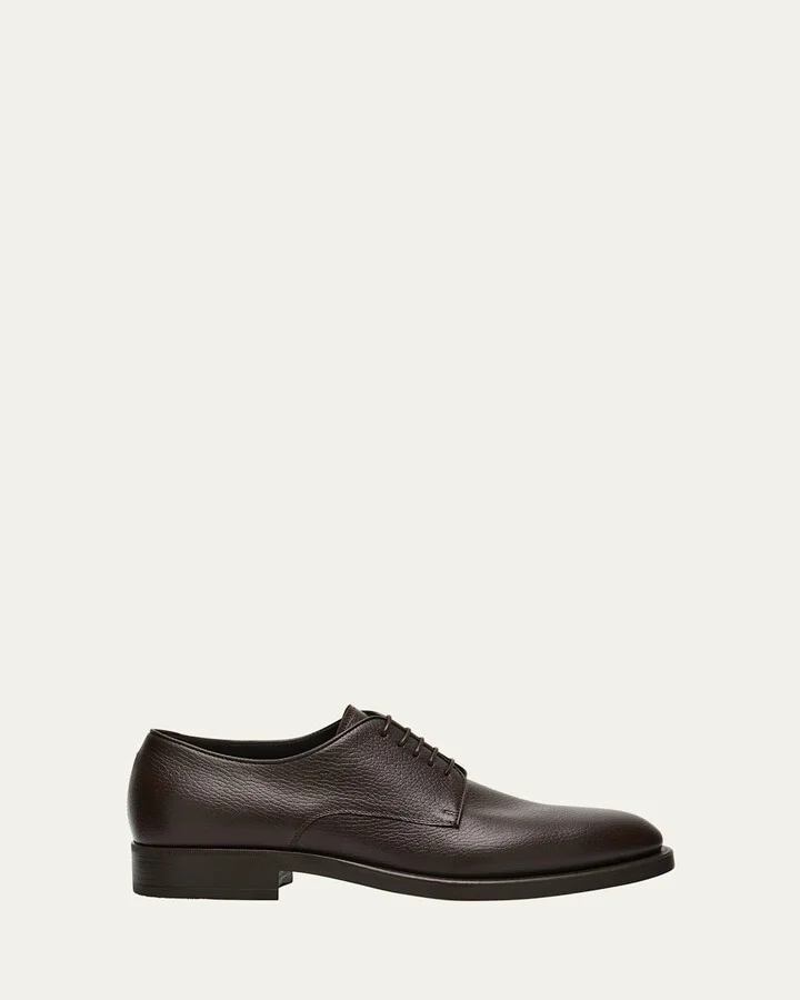 Mens Grained Calf Leather Rubber-Sole Derby Shoes