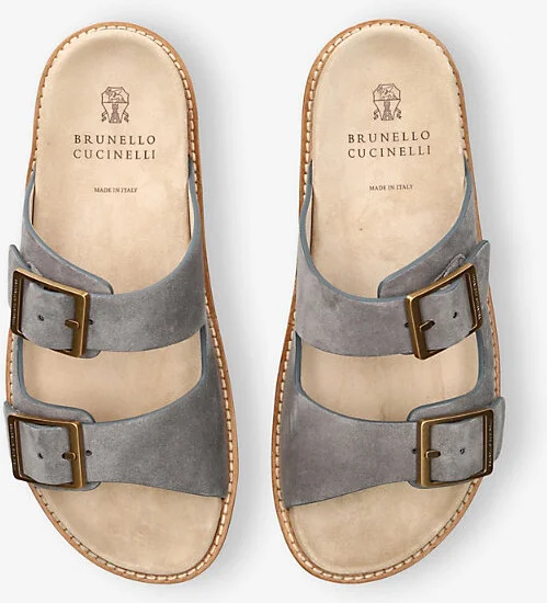 Mens Grey/Dark Two-Strap Slip-On Suede Sandals Eur 41 / 7 Uk Men - Image 2