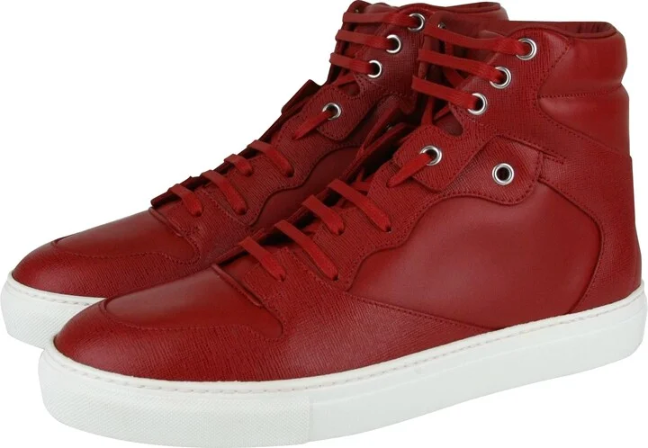 Men's Hi Top Dark Red Leather / Coated Canvas Sneaker - Image 4