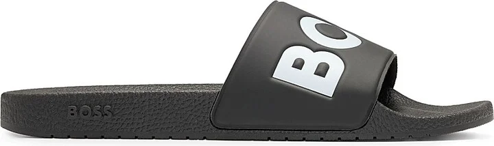 Men's Italian-Made Slides with Large Logo Detail - Black - Size 11