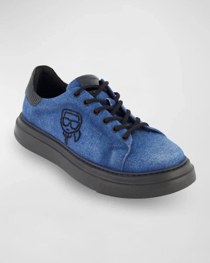Men's Karl Head Denim and Leather Low-Top Sneakers - Image 3