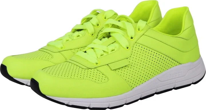 Men's Lace Up Neon Yellow Leather Running Sneakers - Image 2
