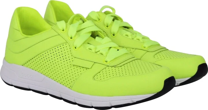 Men's Lace Up Neon Yellow Leather Running Sneakers - Image 4