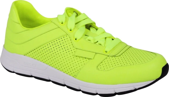 Men's Lace Up Neon Yellow Leather Running Sneakers