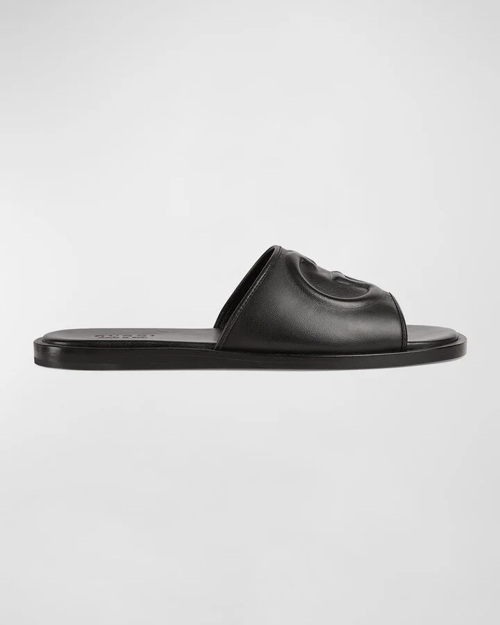 Men's Leather Interlocking G Slide Sandals