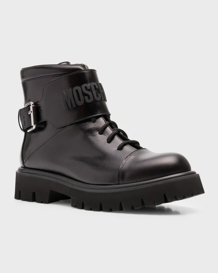 Men's Leather Logo Combat Boots - Image 2
