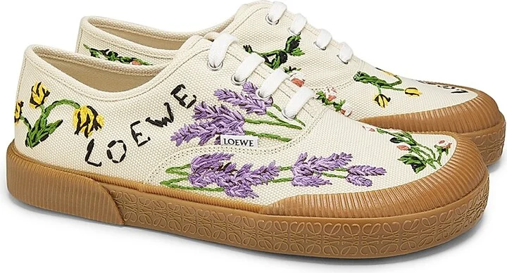 Men's LOEWE x Paula's Ibiza Terra Vulca Floral-Embroidered Low-Top Sneakers - Cream Multicolor - Size 7