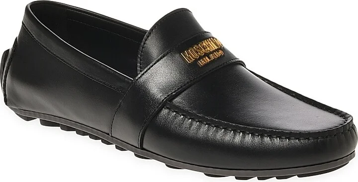 Men's Logo-Accented Leather Driving Loafers - Black - Size 7 - Image 2