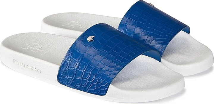 Men's Matted Crocodile Leather Slides - Medium Blue - Size 6 - Image 2