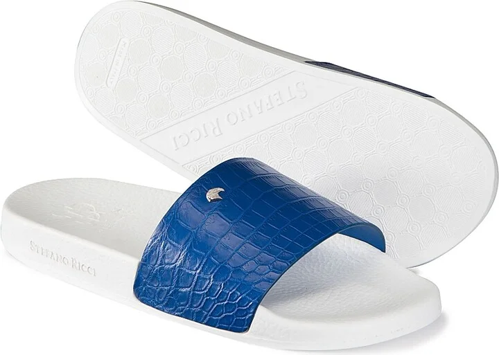 Men's Matted Crocodile Leather Slides - Medium Blue - Size 6 - Image 3