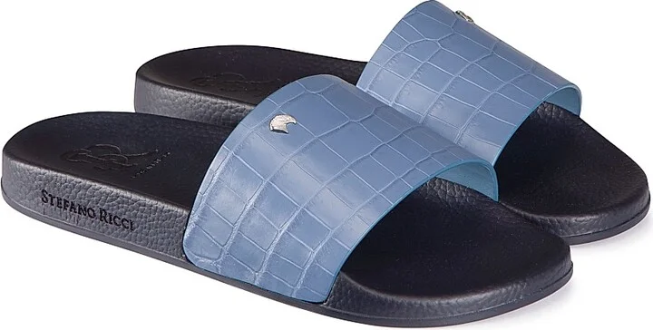 Men's Matted Crocodile Leather Slides - Medium Blue - Size 6 - Image 5