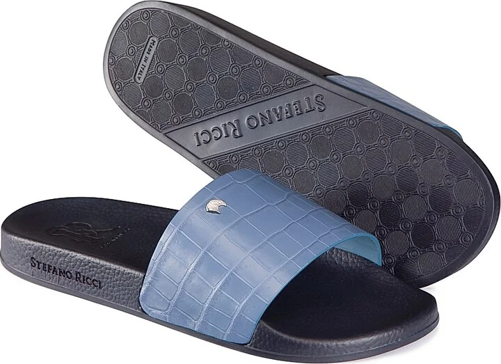 Men's Matted Crocodile Leather Slides - Medium Blue - Size 6 - Image 6
