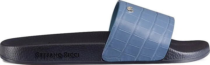 Men's Matted Crocodile Leather Slides - Medium Blue - Size 6 - Image 8