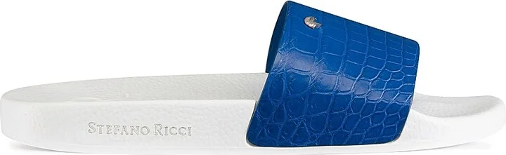 Men's Matted Crocodile Leather Slides - Medium Blue - Size 6